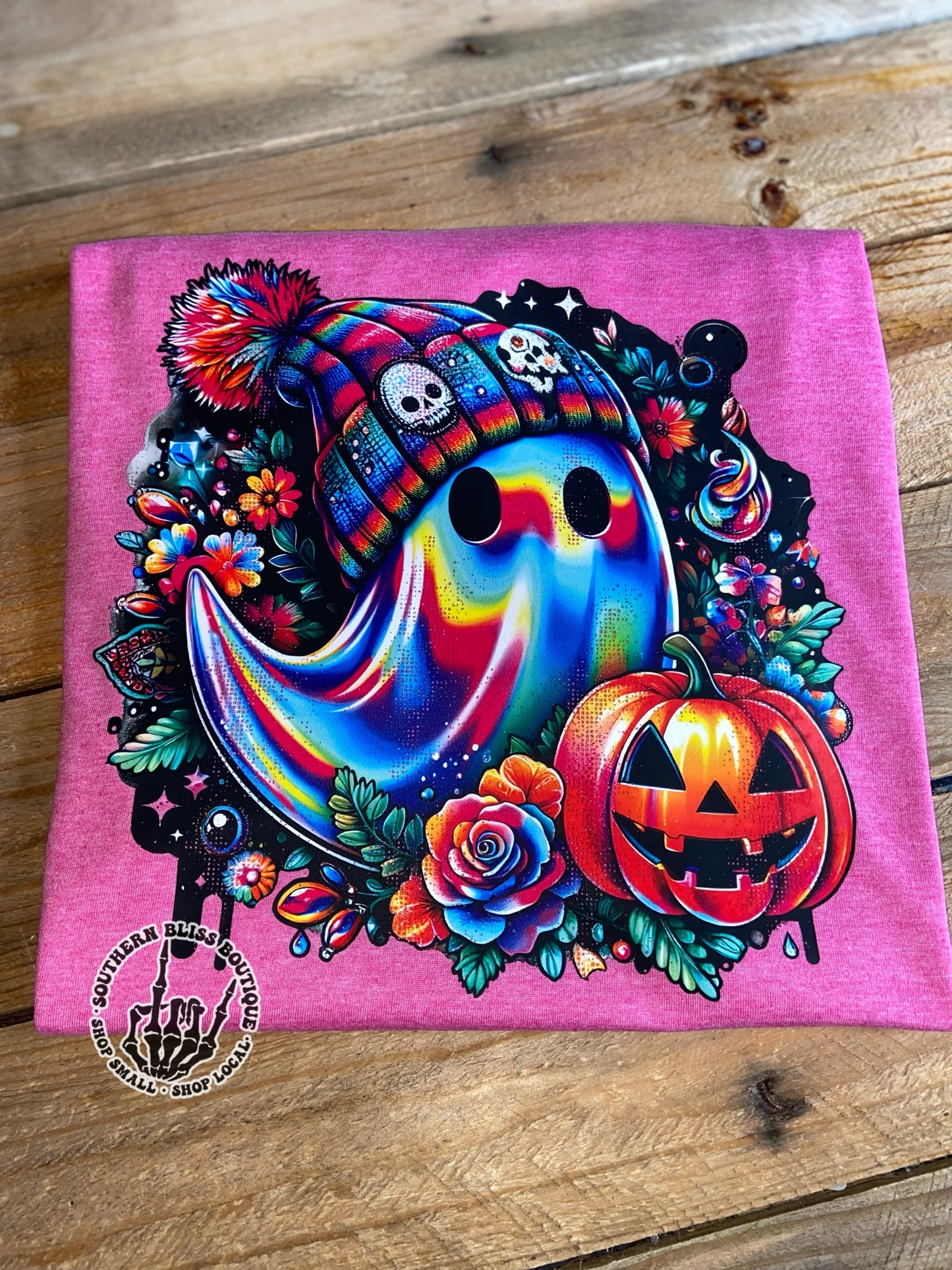 Beanie Wearing Holographic Ghost Halloween T-shirt