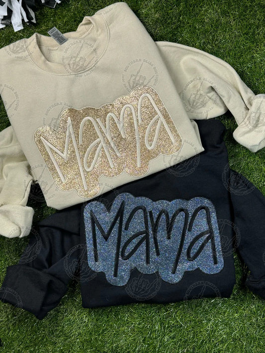 Embroidered Mama Glitter Offset Sweatshirt Preorder