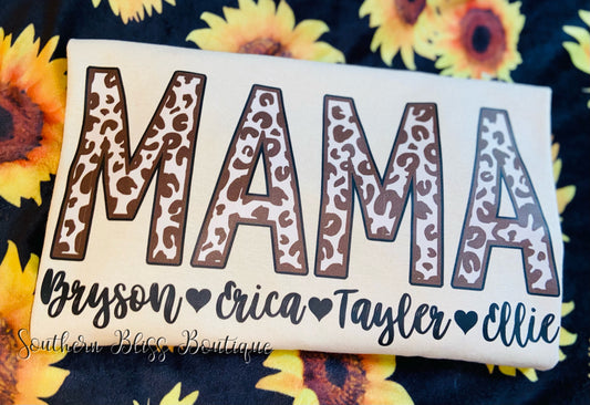 Mama or Any Name Leopard With Kids Names Custom T-shirt