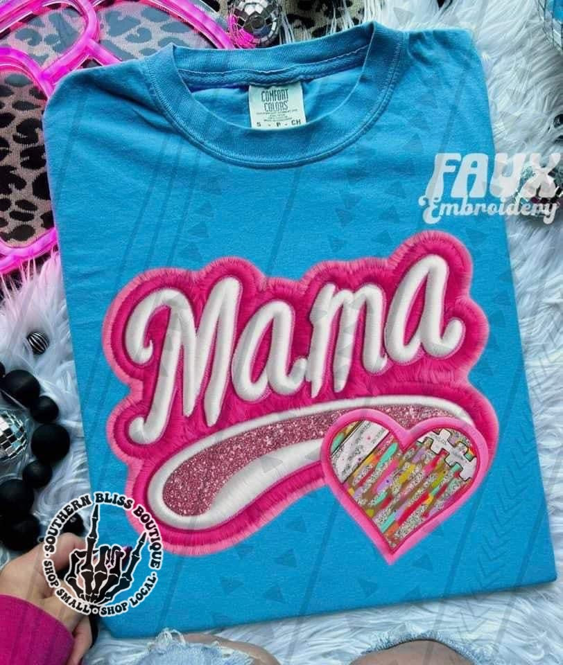 Mama Football Heart Faux Embroidery T-Shirt