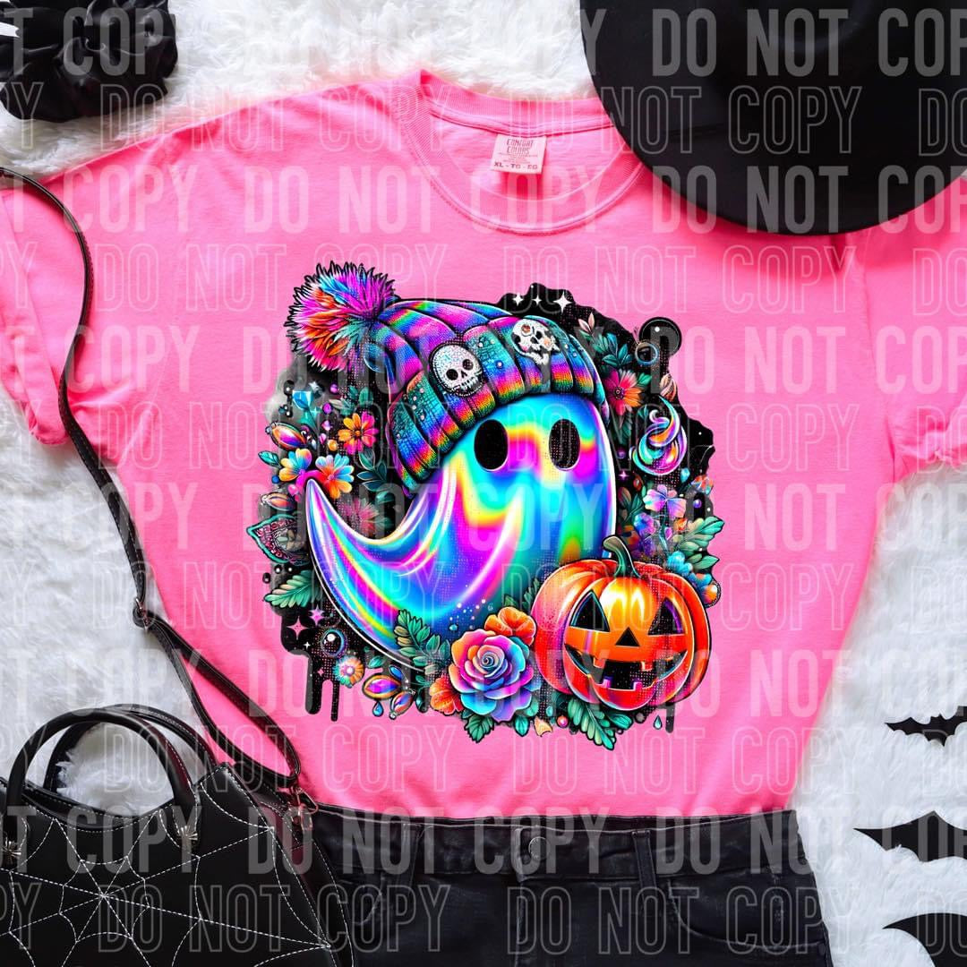 Beanie Wearing Holographic Ghost Halloween T-shirt