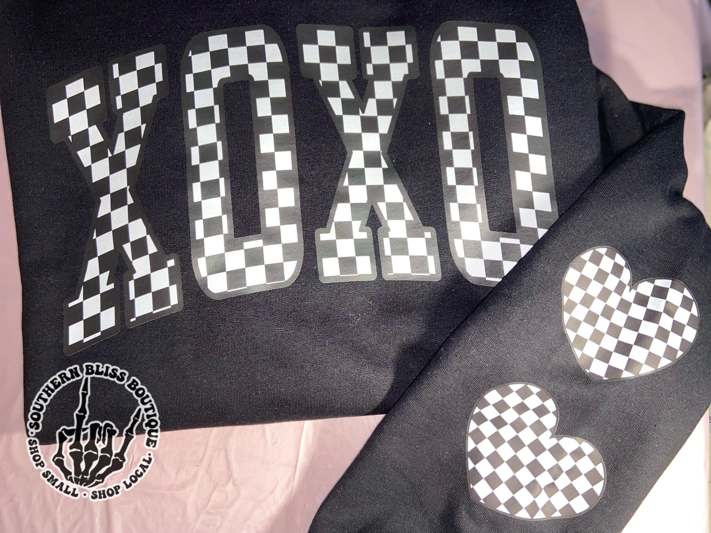 XOXO Checkered Heart On Sleeve Sweatshirt