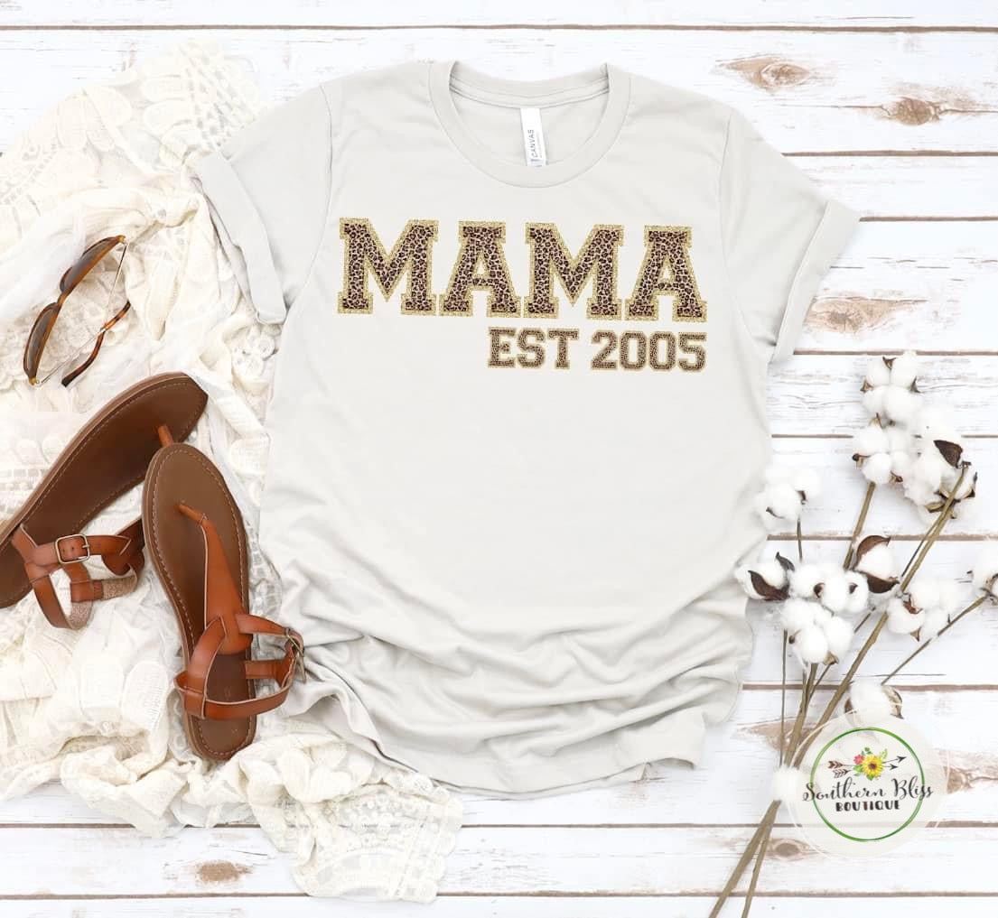 Mama Est Custom Name & Year Leopard Chenille Letters Look T-shirt