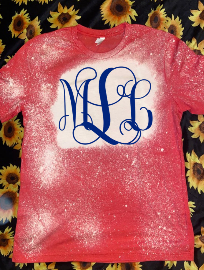 Royal Blue Monogram On Red Bleached T-Shirt