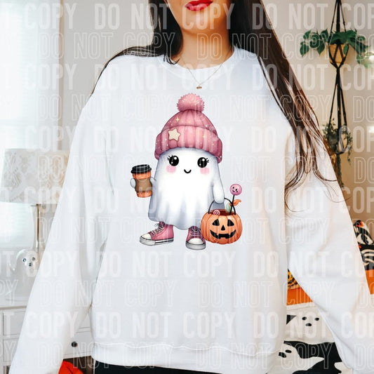 Ghost Holding Coffee & Candy Bucket Halloween T-shirt