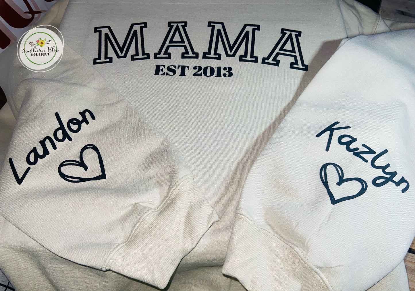 Mama Or Custom Name With Kids On Sleeves Puff Vinyl