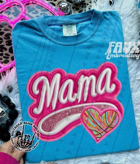 Mama Basketball Heart Faux Embroidery T-Shirt