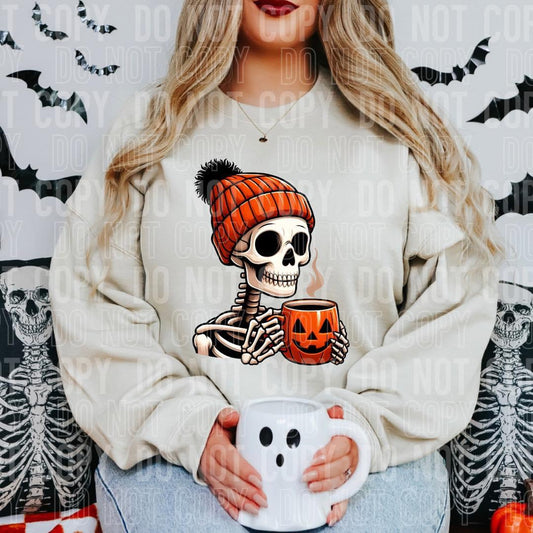 Skull Sipping Coffee Halloween T-shirt