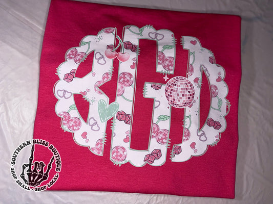 Pink Disco Cherries Valentine Monogram T-shirt