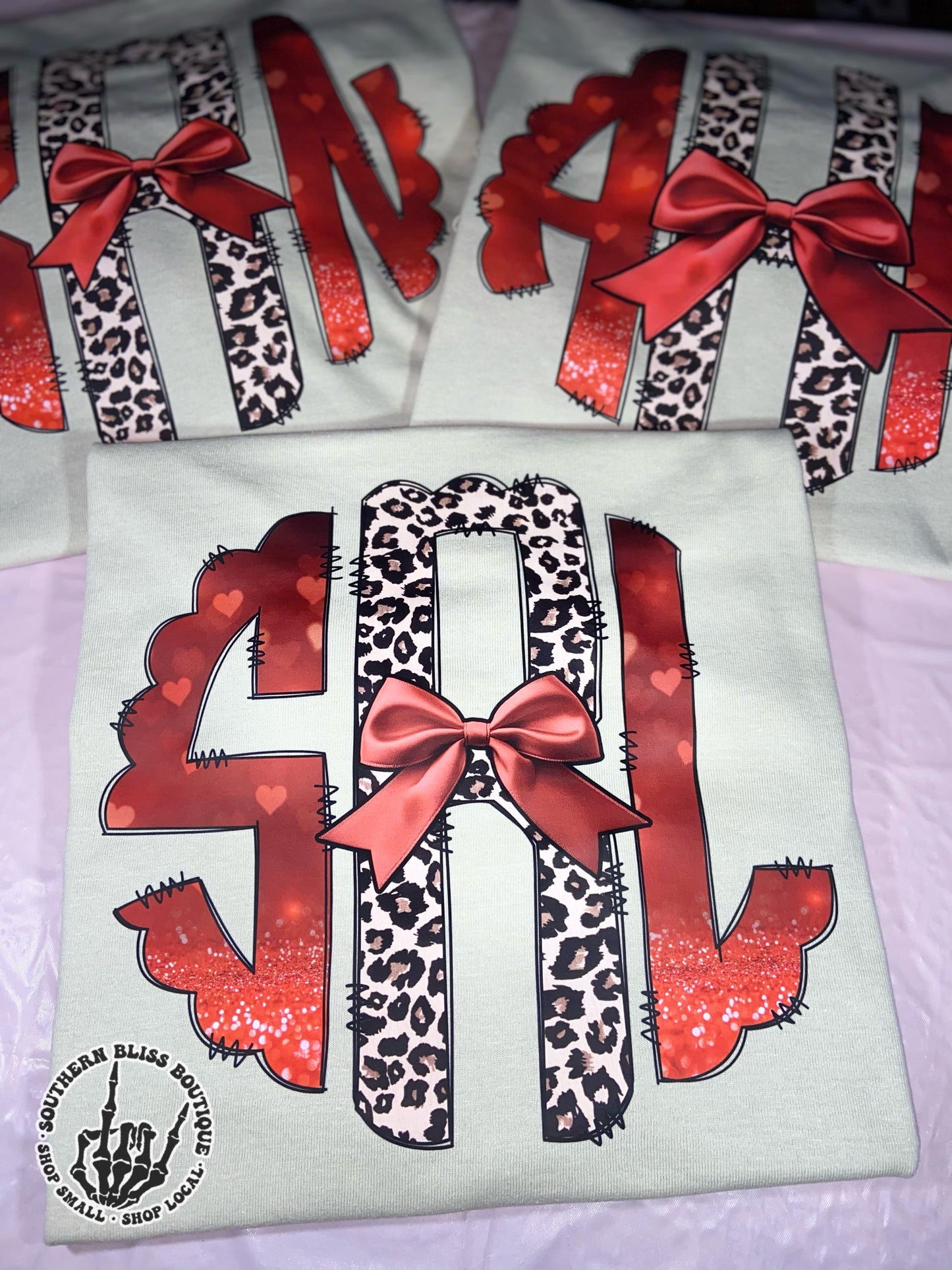 Leopard and Red Bow Valentine Monogram T-shirt