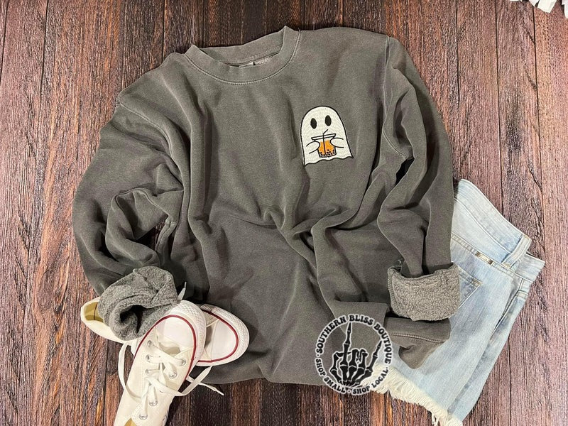 Embroidered Ghost With Coffee Sweatshirt Preorder