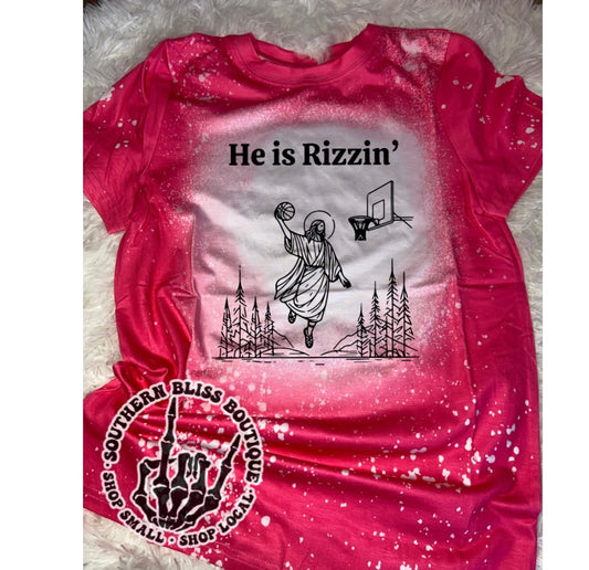 He Is Rizzin’ Tree Background Bleached T-Shirt