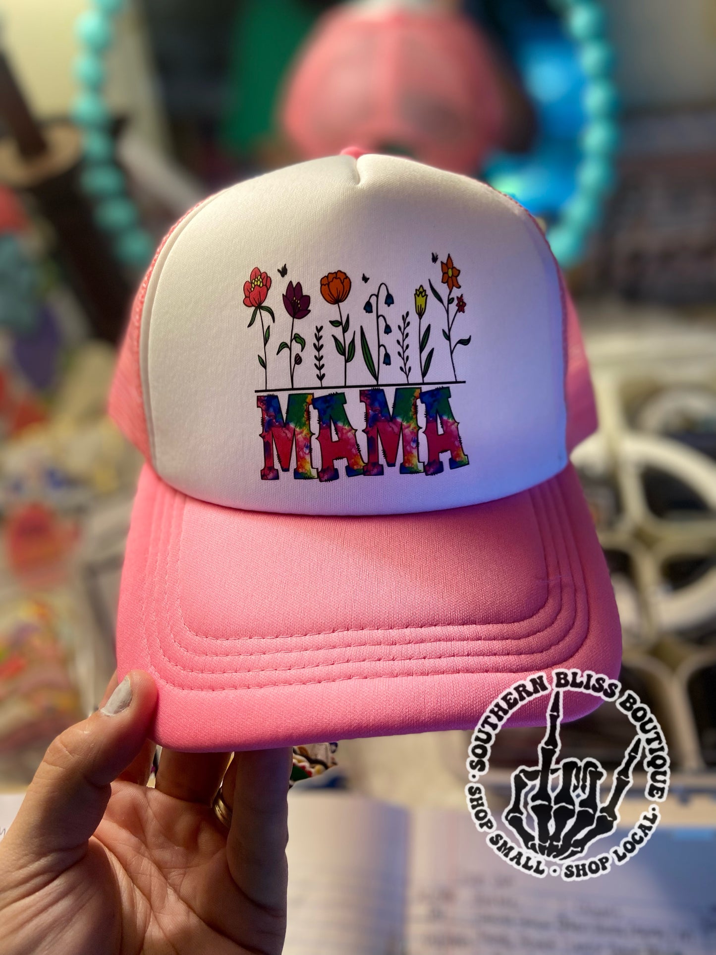 Mama Floral Neon Pink Trucker Hat