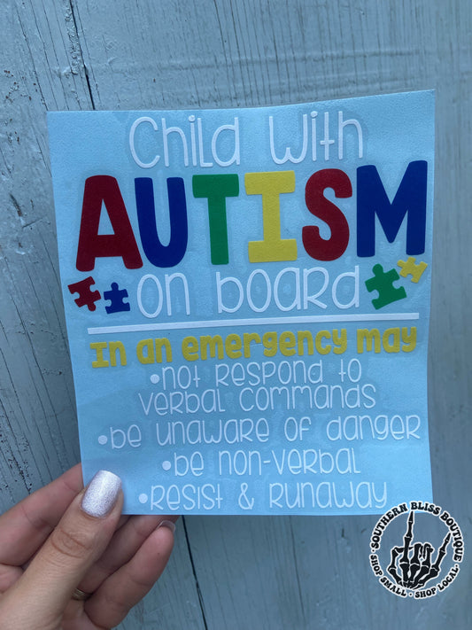 Child With Autism On Board In Case Of Emergency Vinyl Decal