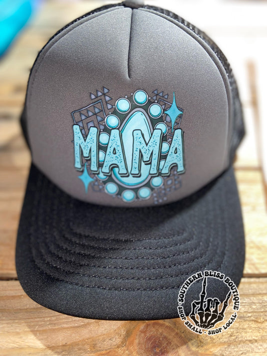 Mama Turquoise Punchy Cow Print Brim Trucker Hat