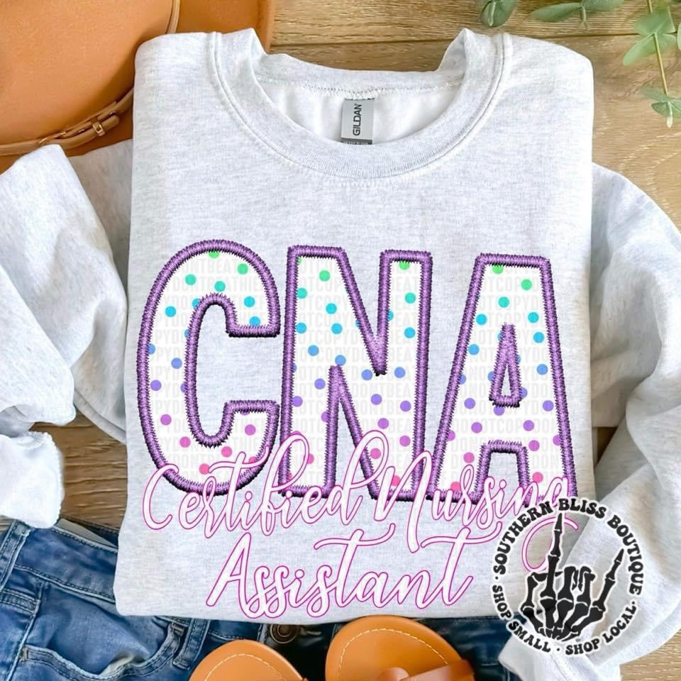 CNA Certified Nursing Assistant Polka Dot Embroidered Look Sweatshirt