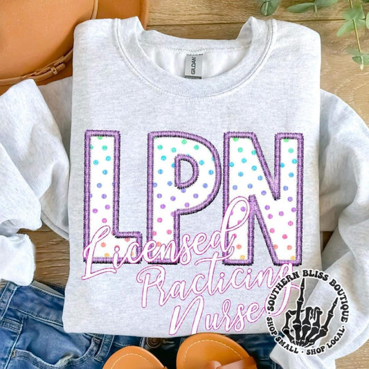 LPN Licensed Practical Nurse Polka Dot Embroidered Look Sweatshirt