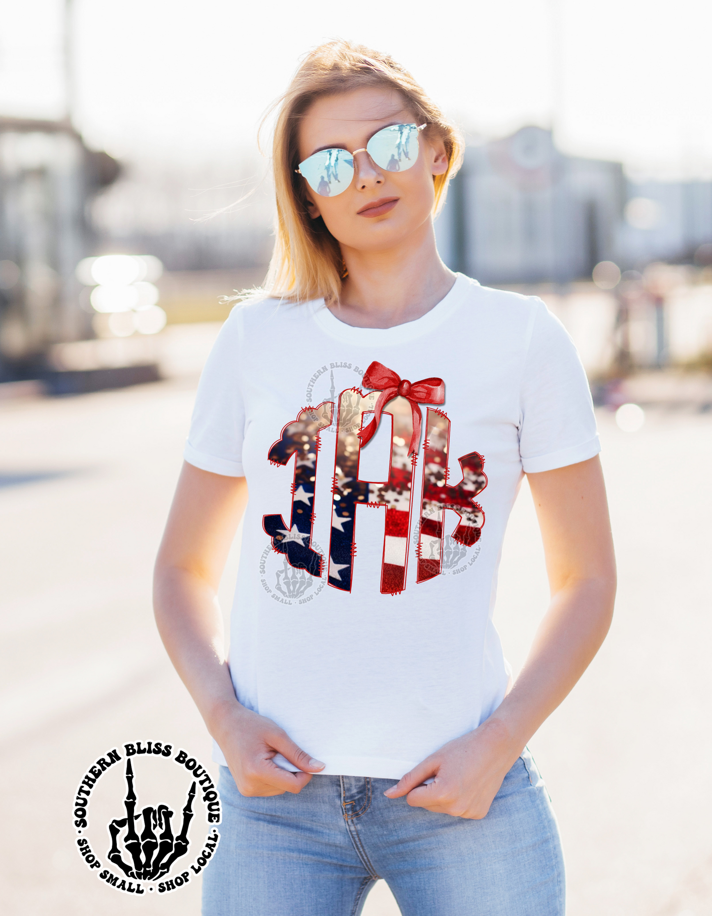 American Flag Bow Filled Monogram Adult T-Shirt